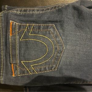 True Religion (becca mid rise bootcut) Stylish Blue Jeans with Orange Stitching